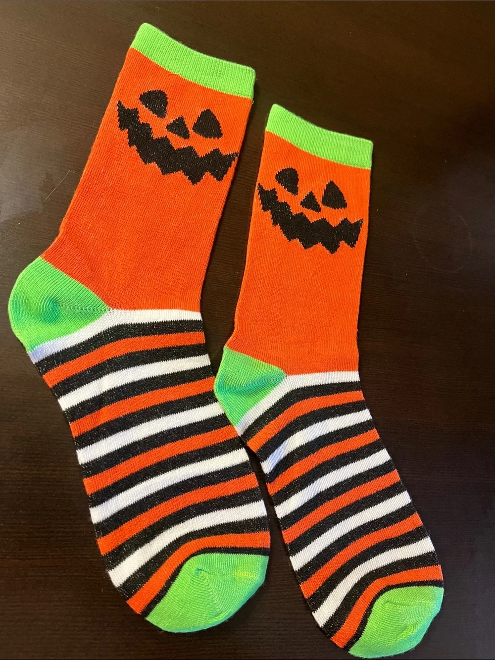Men's Orange Halloween Pumpkin Crew Socks with Green Accents